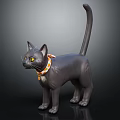 Realistic Black Cat Doll With Colorful Collar Standing On Dark Background