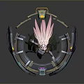 Woman with pink hair standing on futuristic mechanical platform with purple blue tech and weapons