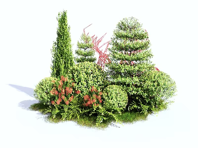 Various Green Flowering Shrubs With Vibrant Red Blooms In Garden Landscaping Design 3d model