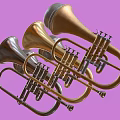 Vintage Brass Musical Instruments in Gold Silver Bronze Tones Display on Purple Background