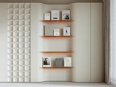 Modern Display Cabinet With Wavy Design Geometric Wall Orange Shelves With Books And Photo Frames 3d model