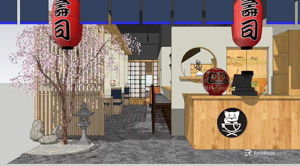 Traditional Japanese Sushi Restaurant Featuring Red Lanterns Cherry Blossom Tree Wooden Counter And Lucky Cat 3d model 