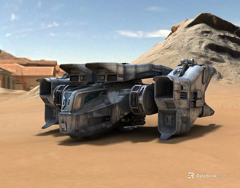 Futuristic Sci Fi Mechanical Vehicle In Desert Dunes With Arid Terrain 3d model 