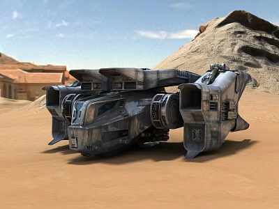 Futuristic Sci Fi Mechanical Vehicle In Desert Dunes With Arid Terrain 3d model