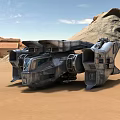 Futuristic Sci Fi Mechanical Vehicle In Desert Dunes With Arid Terrain