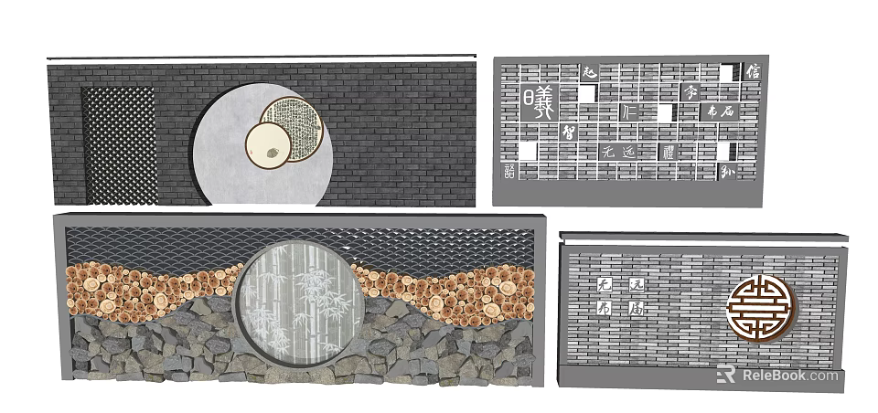 Scenic Wall Design With Brick Stone Pebbles And Circular Grille Patterns 3d model
