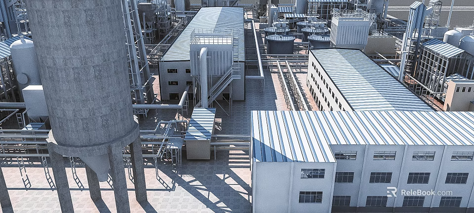 Industrial Manufacturing Plant With Metal Roof Buildings Pipes And Storage Tanks 3d model 