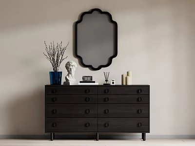 Black Decorative Cabinet With Blue Vase White Statue And Black Framed Mirror Above Beige Wall 3d model