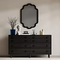 Black Decorative Cabinet With Blue Vase White Statue And Black Framed Mirror Above Beige Wall