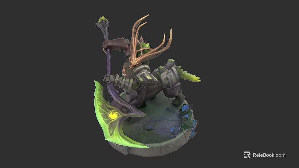 Mythical Centaur Warrior Game Character With Antlered Helmet Green Glowing Staff And Rocky Mossy Base 3d model 