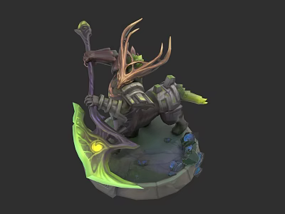 Mythical Centaur Warrior Game Character With Antlered Helmet Green Glowing Staff And Rocky Mossy Base 3d model