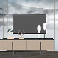 Modern Wooden TV Stand With Television And Decorative Ornaments On Chinese Landscape Wall