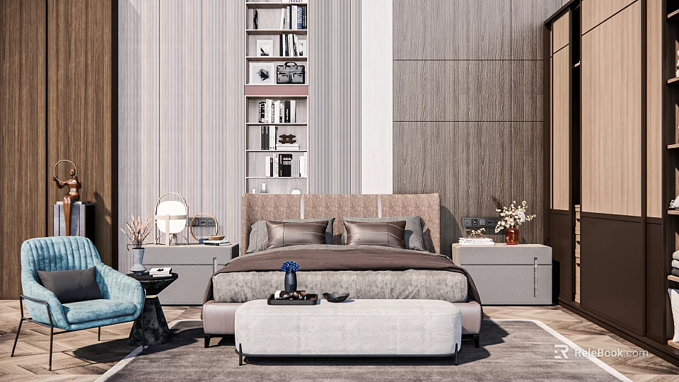 Modern Bedroom Double Bed With Nightstands Blue Chair Bookshelf And Rug 3d model 