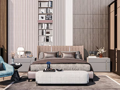 Modern Bedroom Double Bed With Nightstands Blue Chair Bookshelf And Rug 3d model