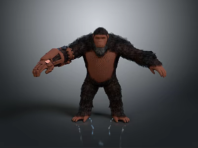 3D Render of Gorilla Character With Mechanical Arm and Realistic Fur 3d model