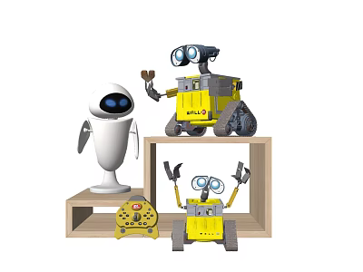 Interactive Electric Toy Robots White and Yellow with Remote Control on Wooden Shelf 3d model