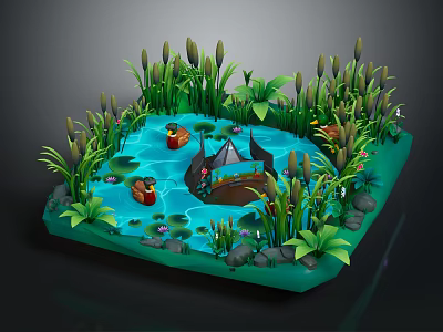 Lush Natural Pond Scene With Tall Reeds Lily Pads Green Plants Rocks And Small Boat 3d model