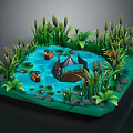 Lush Natural Pond Scene With Tall Reeds Lily Pads Green Plants Rocks And Small Boat