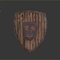 Rustic Wooden Shield With Red Central Emblem And Black Decorative Patterns