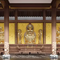 Traditional Buddhist Temple Interior Design With Golden Buddha Statues