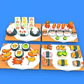 Colorful Japanese Sushi Platter With Salmon Crab Sticks Small Octopus On Orange Trays Blue Background