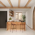 Warm Modern Living And Dining Area Interior With Wooden Shelves Plant And Decorative Vases