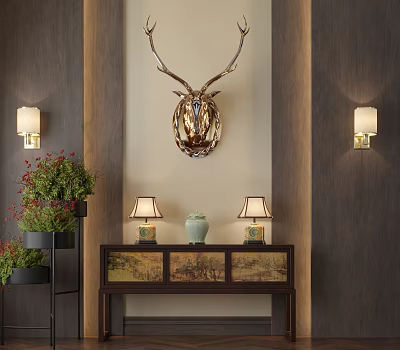 Elegant Entryway Console Table With Deer Head Decoration Table Lamps Wall Lamps And Green Plants 3d model