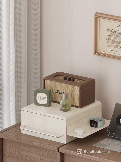 Stylish Decorative Ornament Set with Marshall Speaker Green Clock and Small Bottle on White Cabinet 3d model 