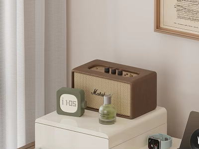 Stylish Decorative Ornament Set with Marshall Speaker Green Clock and Small Bottle on White Cabinet 3d model