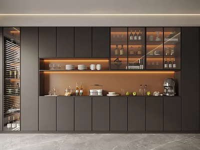 Modern Black Wine Cabinet With Glass Doors LED Lighting Wine Bottles Glasses And Coffee Machine 3d model