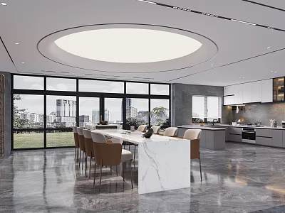 Modern Kitchen Interior With Large Windows Dining Table Marble Island And Cabinets 3d model