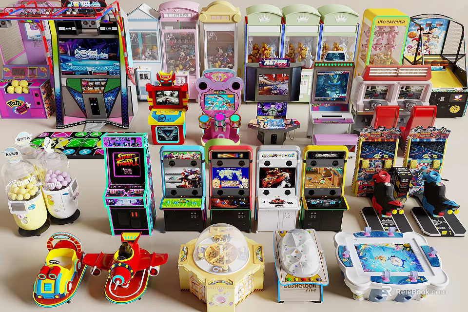Assorted Toy Arcade Machines Collection With Claw Games And Mini Vehicles 3d model 