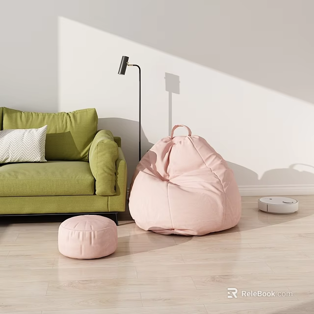 Cozy Pink Bean Bag Chair in Living Room with Green Sofa and Floor Lamp 3d model 