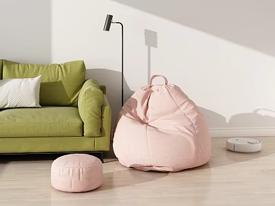 Cozy Pink Bean Bag Chair in Living Room with Green Sofa and Floor Lamp 3d model