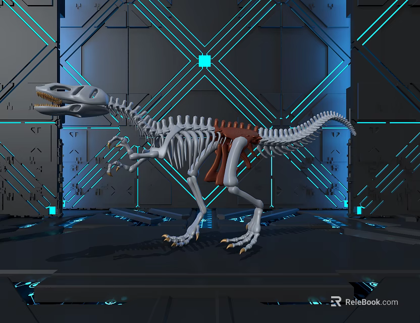 Tech Inspired Dinosaur Skeleton Art Installation With Metallic Textured Walls And Blue Floor Lighting 3d model 