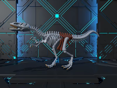 Tech Inspired Dinosaur Skeleton Art Installation With Metallic Textured Walls And Blue Floor Lighting 3d model