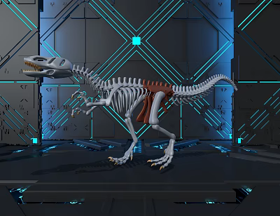 Tech Inspired Dinosaur Skeleton Art Installation With Metallic Textured Walls And Blue Floor Lighting 3d model