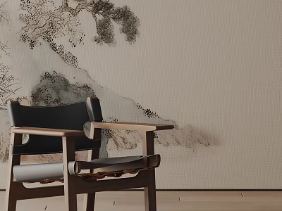Accent Chair With Wooden Armrests Black Backrest And Gray Cushion Against Ink Wash Landscape Wallpaper 3d model