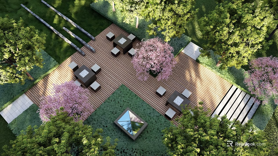 Beautiful Garden Wall Design In Outdoor Space With Wooden Deck And Cherry Blossom Trees 3d model 