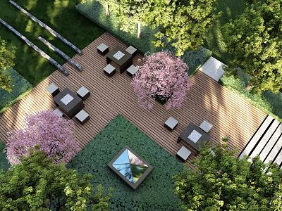 Beautiful Garden Wall Design In Outdoor Space With Wooden Deck And Cherry Blossom Trees 3d model