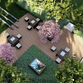 Beautiful Garden Wall Design In Outdoor Space With Wooden Deck And Cherry Blossom Trees