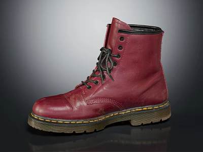 Red Leather High Top Boots With Lace Up Design And Yellow Stitched Sole 3d model