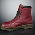 Red Leather High Top Boots With Lace Up Design And Yellow Stitched Sole