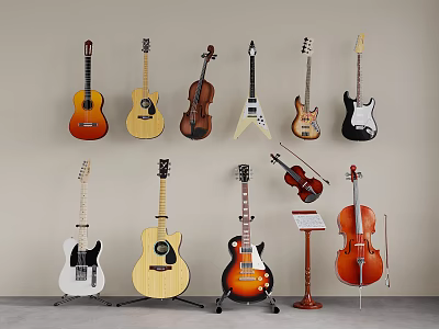 Various Musical Instruments Display Hanging On Wall And Placed On Floor With Guitars Violins Cellos 3d model