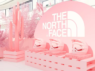 Pink The North Face Themed Floral Installation With Cactus Sculptures And Helmets On Shelves 3d model