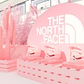 Pink The North Face Themed Floral Installation With Cactus Sculptures And Helmets On Shelves