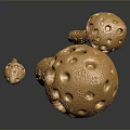 Three Decorative Golden Mushrooms with Textured Surface and Holes on Dark Background