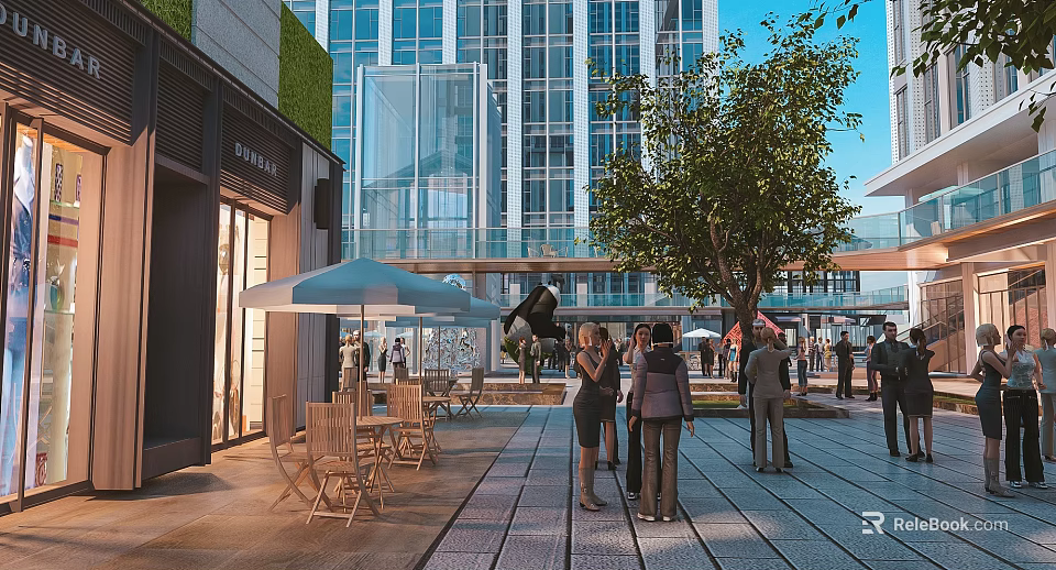 Vibrant Commercial Street With Modern Glass Buildings Outdoor Seating Umbrellas Trees And Pedestrians 3d model 