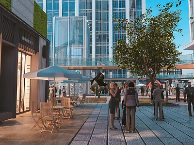 Vibrant Commercial Street With Modern Glass Buildings Outdoor Seating Umbrellas Trees And Pedestrians 3d model