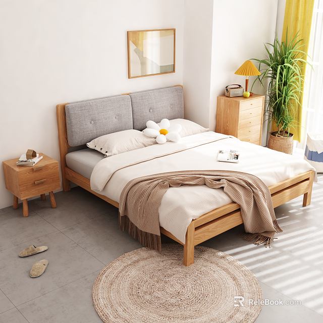 Wooden Double Bed With Gray Headboard White Sheets Round Woven Rug Green Plant Sunlight 3d model 